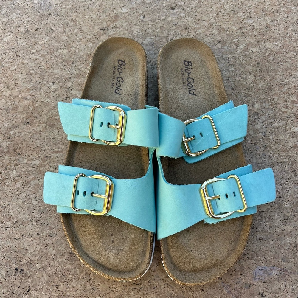Bio-Gold Womens Turquoise Leather Double Strap Buckle Slide Sandals Size 9